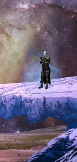 Epic galaxy wallpaper with a mystical figure on an icy ridge under a starry sky.