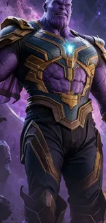 Epic galaxy warrior in purple armor with cosmic background.