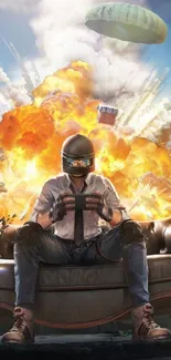 Helmeted gamer with explosion background in dynamic mobile wallpaper.