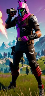 Epic gamer character with purple sky and mountain landscape wallpaper.