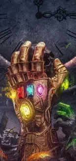 Powerful gauntlet with colorful stones against a dramatic clock.