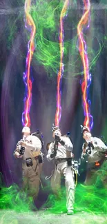 Ghostbusters in action with neon beams on a vibrant background.