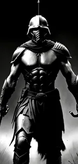 Black and white gladiator warrior in armor with sword and spear, epic phone wallpaper.