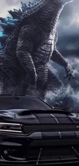 Godzilla looming over stormy seas with a black car in foreground.