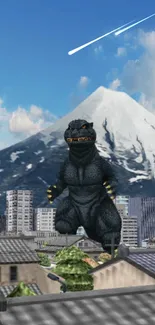 Godzilla stands before mountain cityscape wallpaper.