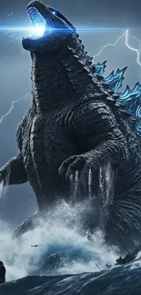 Godzilla roaring in an electrified storm at sea.