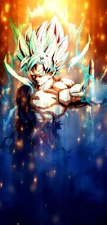 Goku in Super Saiyan form with fiery aura on a mobile wallpaper.