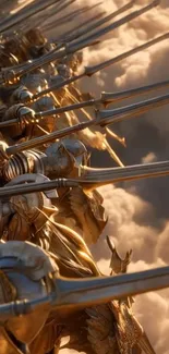 Golden armored knights with swords against a cloudy sky.