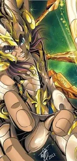 Epic anime warrior in golden armor with vibrant background.