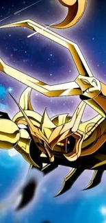 Golden warrior in dynamic pose amid cosmic scenery.