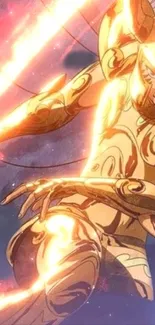 Epic golden warrior in dynamic pose with cosmic background.