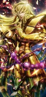 Epic golden warrior with purple beads in vibrant fantasy wallpaper.