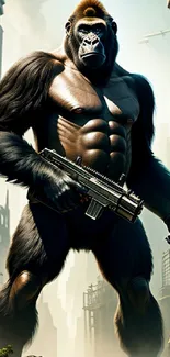 Gorilla warrior armed in an urban jungle on mobile wallpaper.