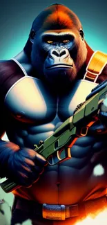 Gorilla warrior holding a weapon with vibrant colors and dynamic design.