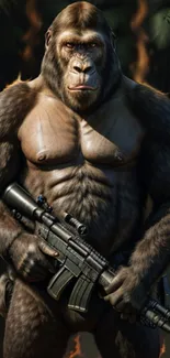 Epic gorilla warrior holding a rifle in jungle wallpaper.