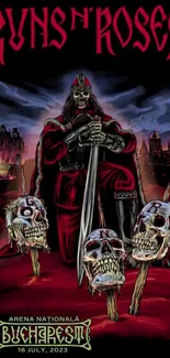 Gothic band poster with skulls and sword in vibrant red and black hues.