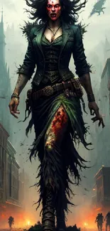 Gothic warrior in a dramatic urban setting with dark, epic theme.