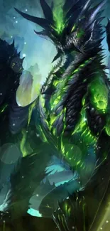 Epic green dragon wallpaper in mystical fantasy art style.