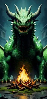 Green dragon standing over a fire.