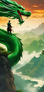 Epic mountain scene with green dragon and warrior.