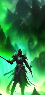 Epic fantasy knight in a green mystical landscape wallpaper.