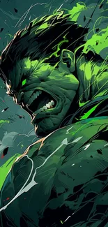 Green superhero with dynamic energy.