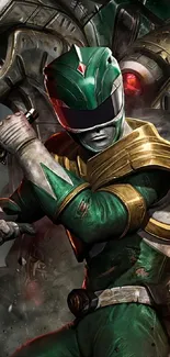 Green Ranger in action with futuristic armor.