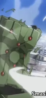 Green robot in an action-packed battle scene with anime art style.