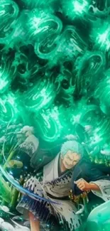 Dynamic anime character with green swirling background.