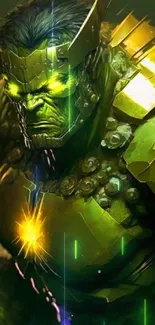 Powerful green warrior with glowing armor on mobile wallpaper