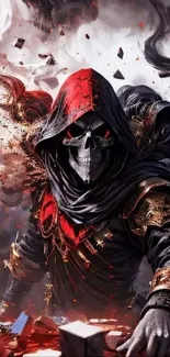 Dark artistic Grim Reaper with red accents.