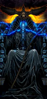 Gothic artwork of Grim Reaper on fiery throne, surrounded by skulls.