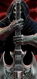 Skeleton with guitar under dark, electrifying sky.