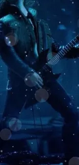 Epic guitarist in dark, vibrant scene perfect for music lovers.