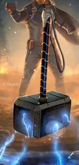 Epic mobile wallpaper with a mythical hammer amidst lightning.