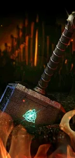 Epic hammer with runes in dark background.