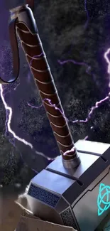 Dynamic hammer with electric purple lightning and mystical design wallpaper.