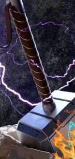 Legendary hammer with lightning effect on dark gray background.