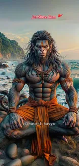 Divine warrior sits peacefully by the ocean, surrounded by nature.