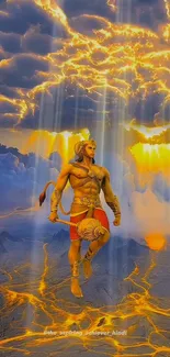 Epic depiction of Lord Hanuman amidst golden clouds with vibrant light.