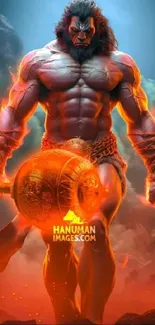 Epic Hanuman in flames mobile wallpaper, showcasing strength and fiery ambiance.