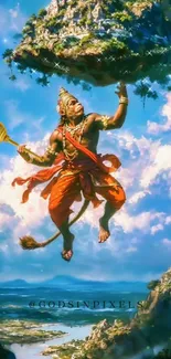 Hanuman flying through the skies with mystical scenery.