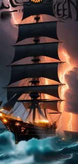 Ship sailing in storm with lightning and glowing lights, creating a spooky atmosphere.