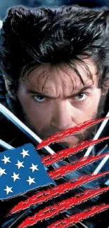 Intense hero with claws and an American flag overlay.