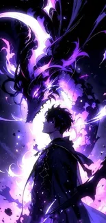 Hero silhouetted with cosmic dragon