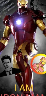 Iron Man in iconic red armor with comic book elements.