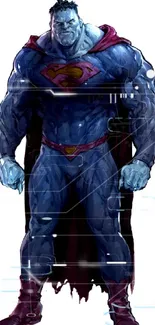 Illustrated superhero character with a blue suit and red cape.