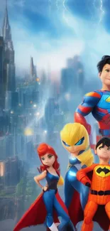 Superhero team stands before a city skyline in bright, animated style.