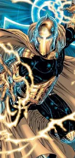 Superhero in dynamic pose with electric energy and gold armor.