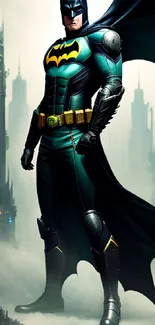 Masked hero stands in a futuristic cityscape.